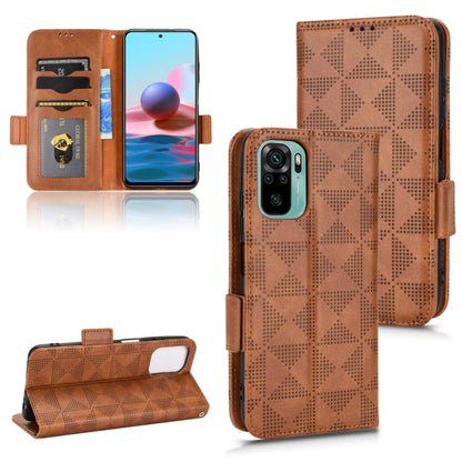Brown leather-style folio phone case with symmetrical triangle pattern and card slots
