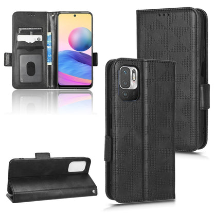 Black leather-style folio phone case with symmetrical triangle pattern and card slots