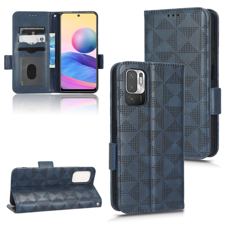 Blue leather-style folio phone case with symmetrical triangle pattern and card slots