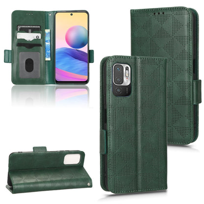 Green leather-style folio phone case with symmetrical triangle pattern and card slots
