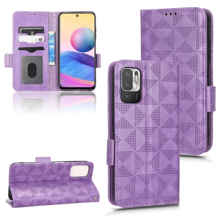 Purple leather-style folio phone case with symmetrical triangle pattern and card slots