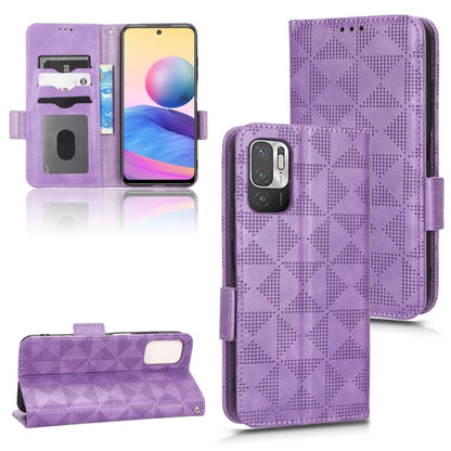 Purple leather-style folio phone case with symmetrical triangle pattern and card slots