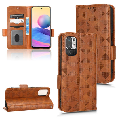 Brown leather-style folio phone case with symmetrical triangle pattern and card slots