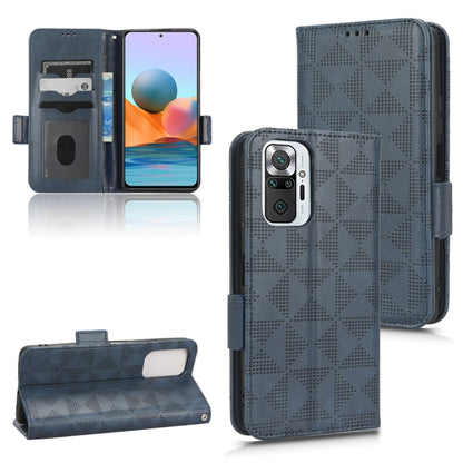 Blue leather-look phone wallet case with symmetric triangle pattern and flip stand