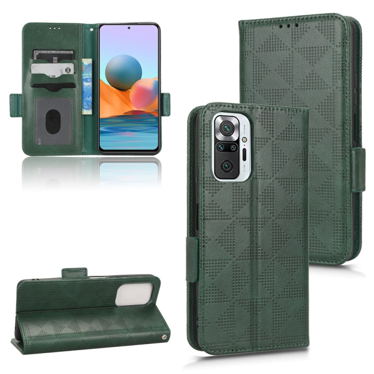 Green leather-look phone wallet case with symmetric triangle pattern and flip stand