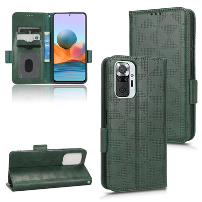 Green leather-look phone wallet case with symmetric triangle pattern and flip stand