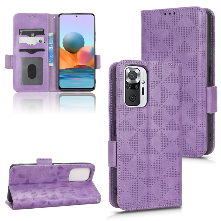 Purple leather-look phone wallet case with symmetric triangle pattern and flip stand