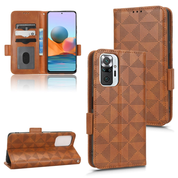 Brown leather-look phone wallet case with symmetric triangle pattern and flip stand