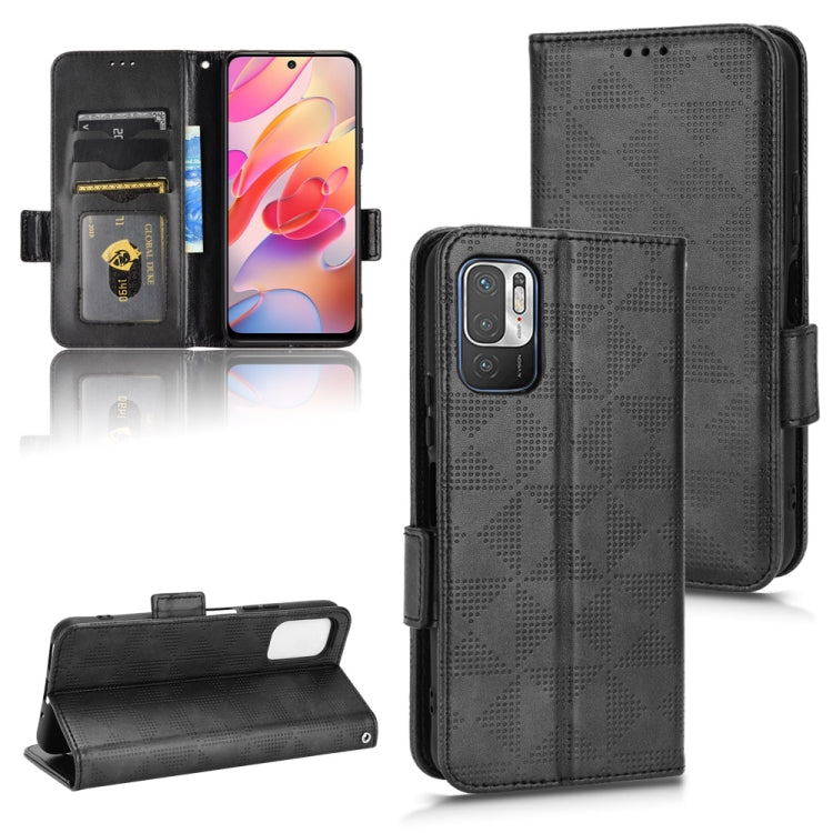 Black leather-look phone wallet case with symmetric triangle pattern and flip stand