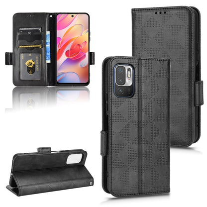 Black leather-look phone wallet case with symmetric triangle pattern and flip stand