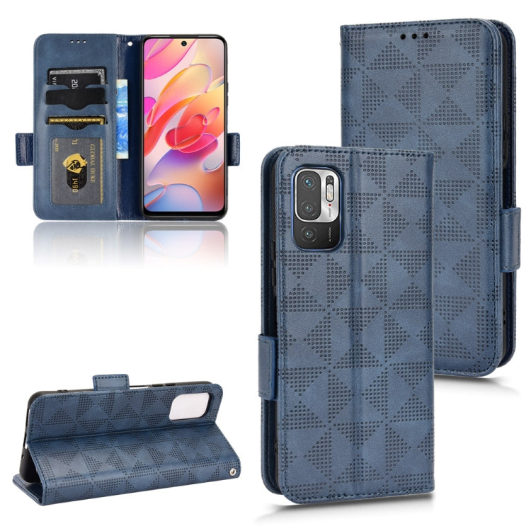 Blue leather-look phone wallet case with symmetric triangle pattern and flip stand