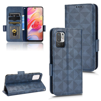 Blue leather-look phone wallet case with symmetric triangle pattern and flip stand