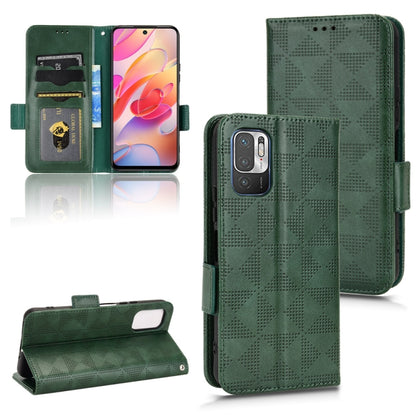 Green leather-look phone wallet case with symmetric triangle pattern and flip stand