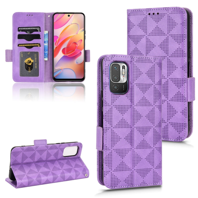 Purple leather-look phone wallet case with symmetric triangle pattern and flip stand