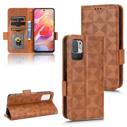 Brown leather-look phone wallet case with symmetric triangle pattern and flip stand