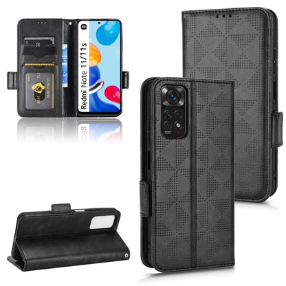 Black leather-look phone wallet case with symmetric triangle pattern and flip stand