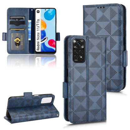 Blue leather folio phone case with symmetrical triangle pattern and card slots