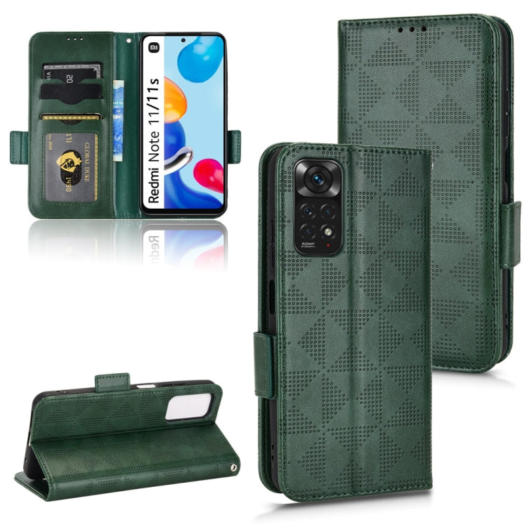 Green leather folio phone case with symmetrical triangle pattern and card slots