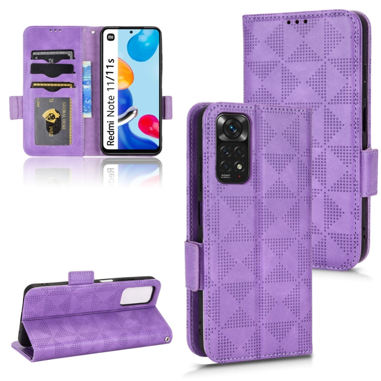 Purple leather folio phone case with symmetrical triangle pattern and card slots