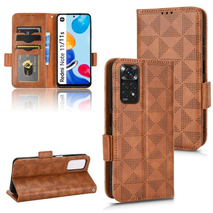 Brown leather folio phone case with symmetrical triangle pattern and card slots