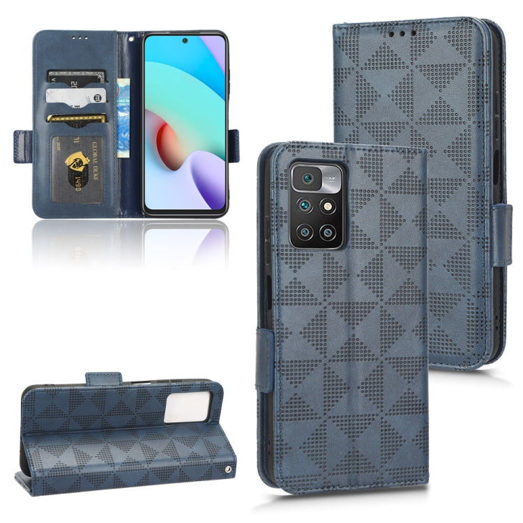 Blue leather folio phone case with symmetrical triangle pattern and card slots