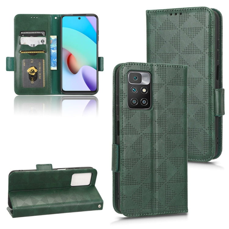 Green leather folio phone case with symmetrical triangle pattern and card slots