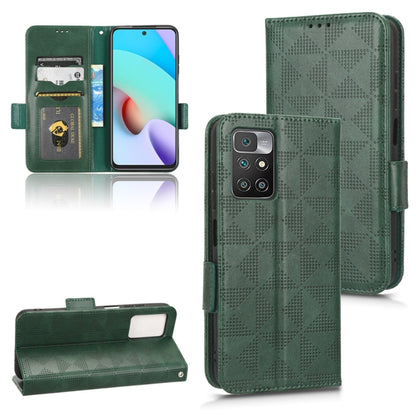 Green leather folio phone case with symmetrical triangle pattern and card slots