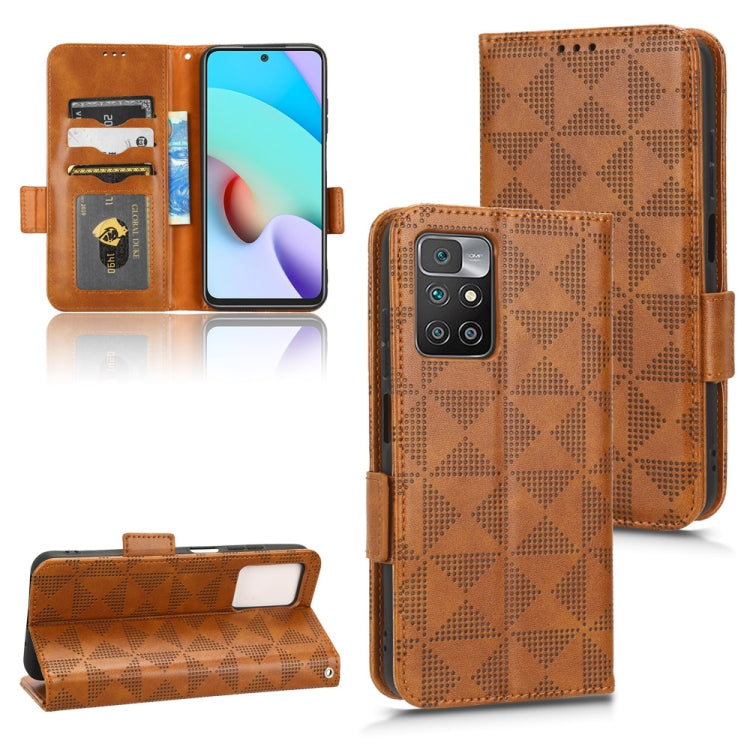 Brown leather folio phone case with symmetrical triangle pattern and card slots