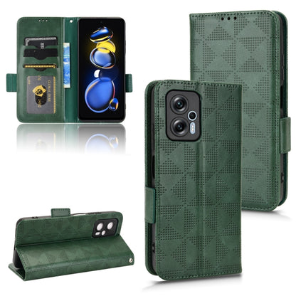 Green leather phone case with geometric pattern, card slots, and flip stand support.
