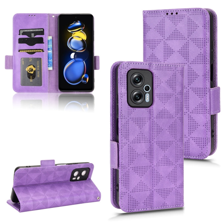 Purple leather phone case with geometric pattern, card slots, and flip stand support.