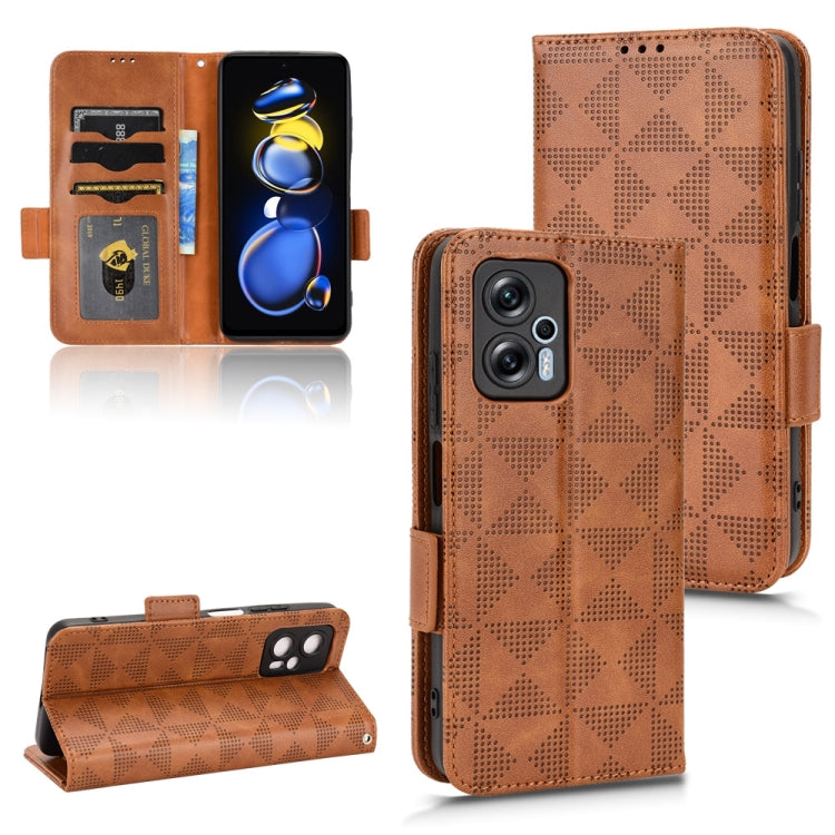 Brown leather phone case with geometric pattern, card slots, and flip stand support.