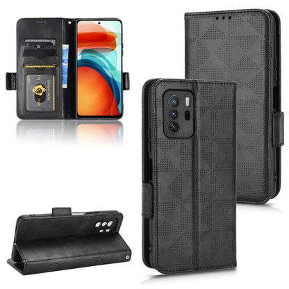 Black leather phone case with geometric pattern, card slots, and flip stand support.
