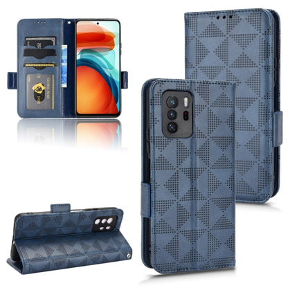 Blue leather phone case with geometric pattern and flip cover with card slots.