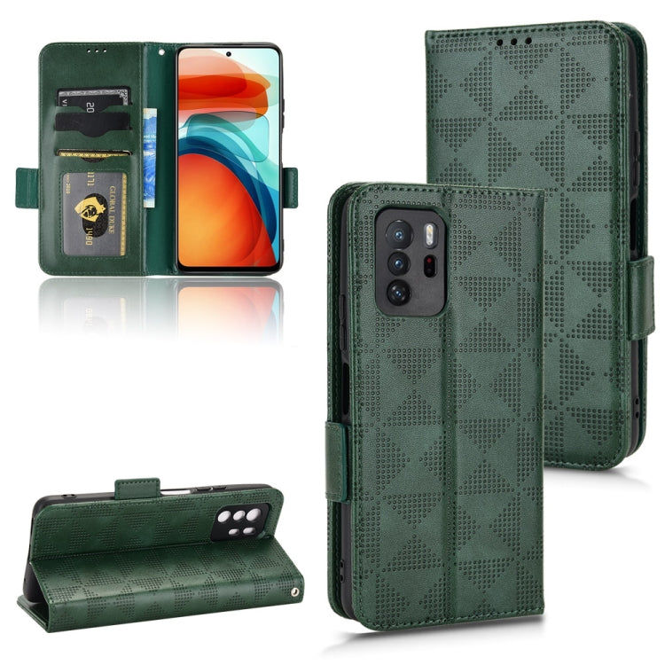 Green leather phone case with geometric pattern and flip cover with card slots.