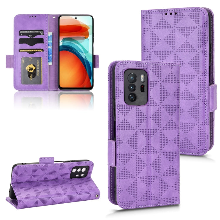 Purple leather phone case with geometric pattern and flip cover with card slots.