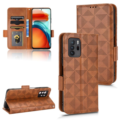 Brown leather phone case with geometric pattern and flip cover with card slots.