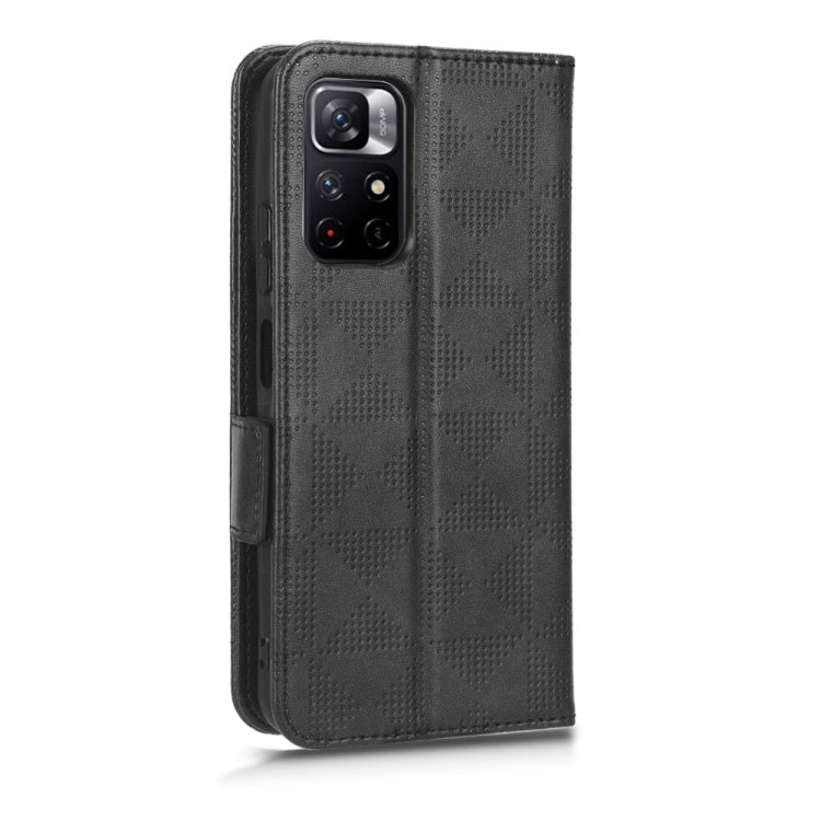 Black leather phone case with textured triangle pattern and camera cutout, back view