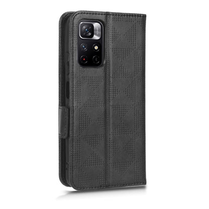 Black leather phone case with textured triangle pattern and camera cutout, back view