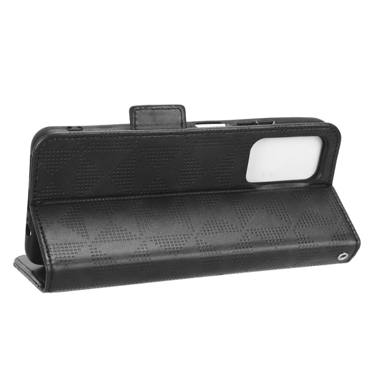 Black leather flip phone case with magnetic flap and cutout window, horizontal view