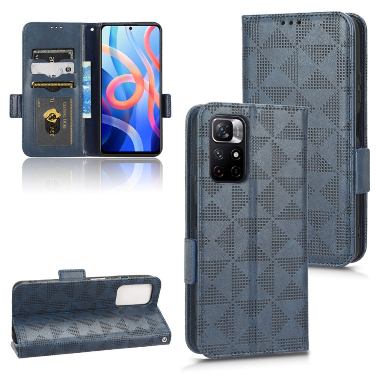 Blue leather phone case with geometric triangle texture, card slots, and magnetic flap