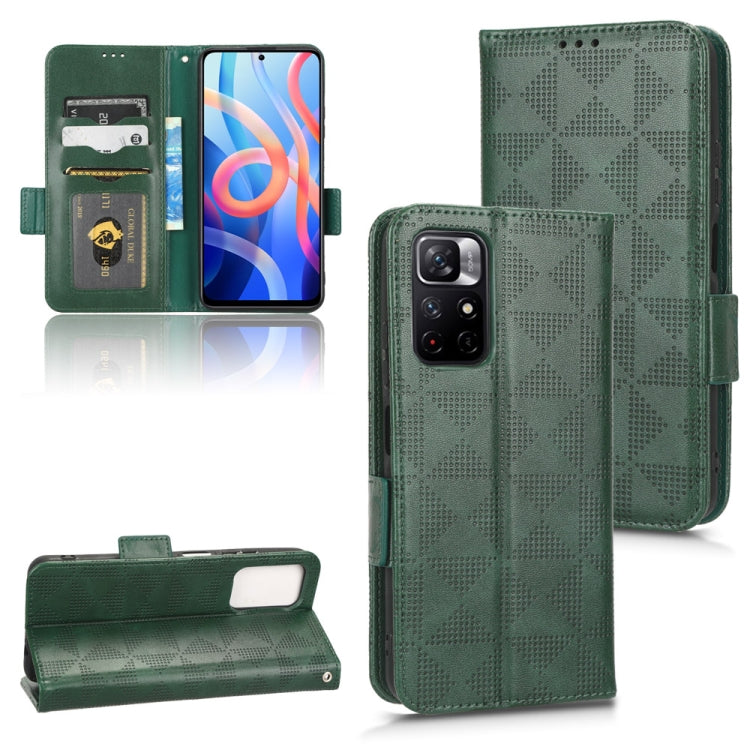 Green leather phone case with geometric triangle texture, wrist flap, and camera cutout