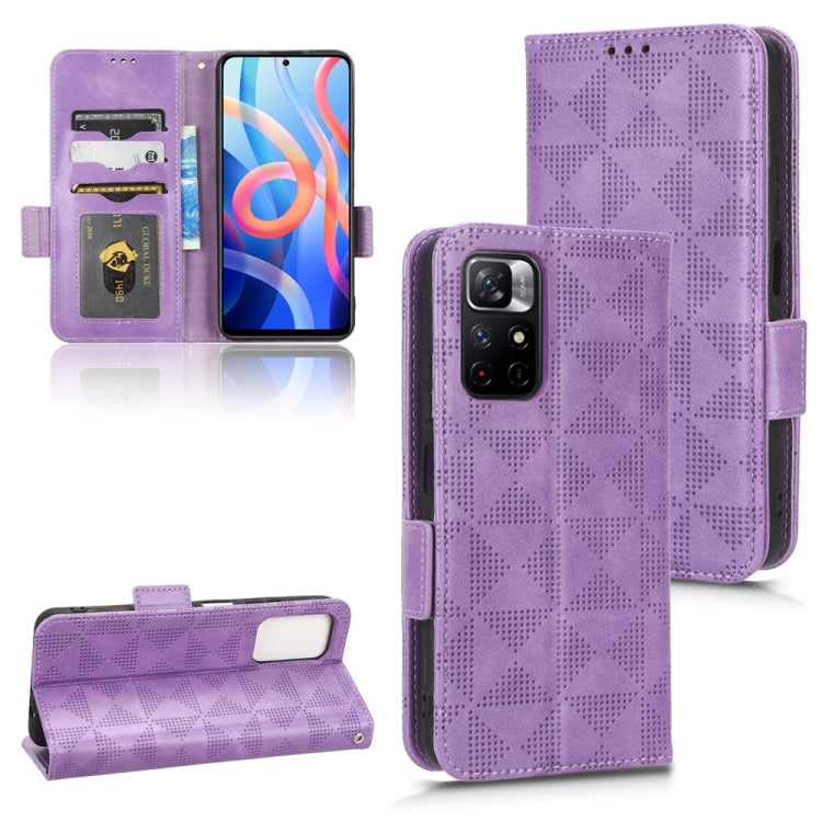 Purple leather phone case with geometric triangle texture, card slots, and camera cutout