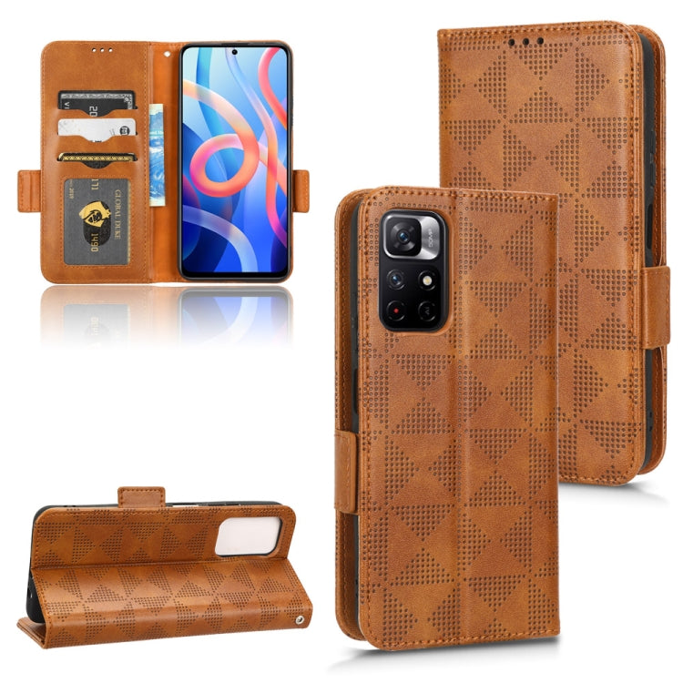 Brown leather phone case with geometric triangle texture, card slots, and camera cutout