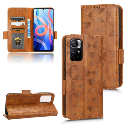 Brown leather phone case with geometric triangle texture, card slots, and camera cutout
