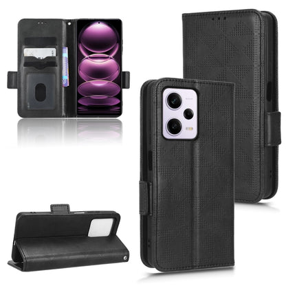 Dark gray leather phone case with geometric triangle texture, card slots, and camera cutout