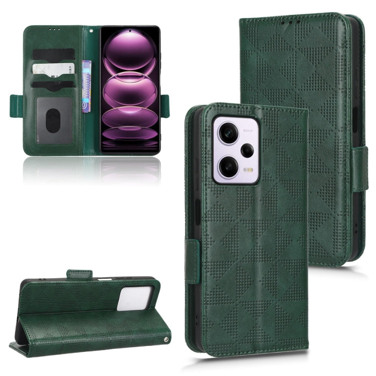 Green leather flip phone case with symmetrical triangle pattern and card slots