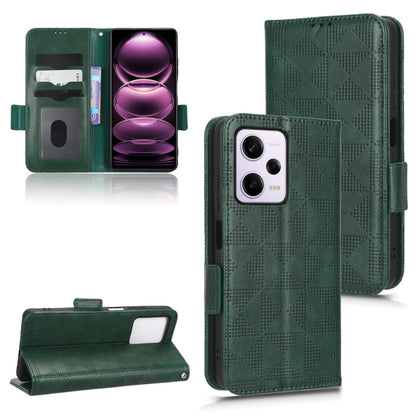 Green leather flip phone case with symmetrical triangle pattern and card slots