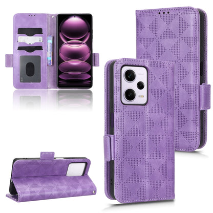Purple leather flip phone case with symmetrical triangle pattern and card slots