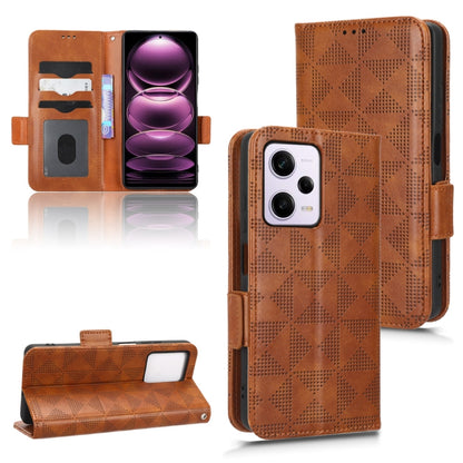 Brown leather flip phone case with symmetrical triangle pattern and card slots