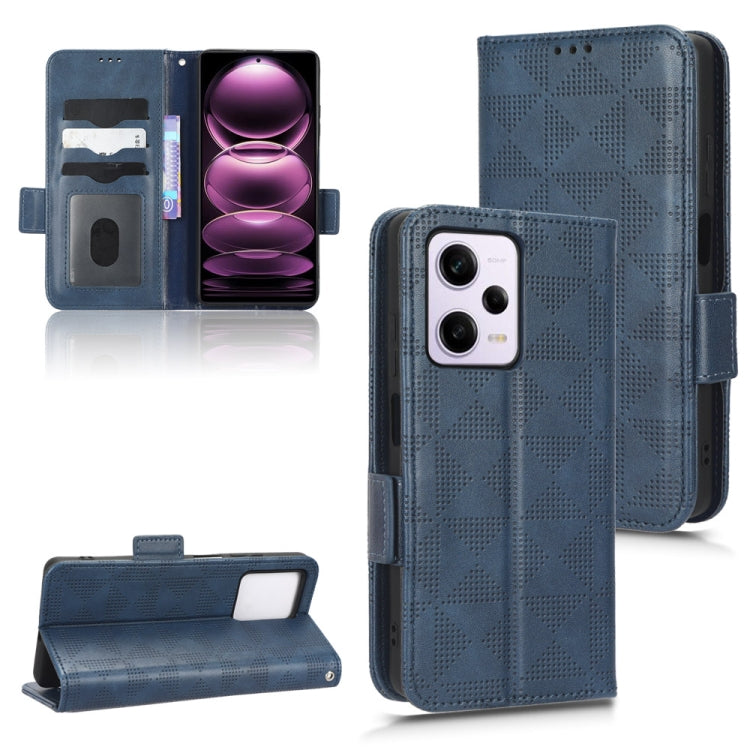 Blue folio phone case with symmetrical triangle embossed pattern and card slots